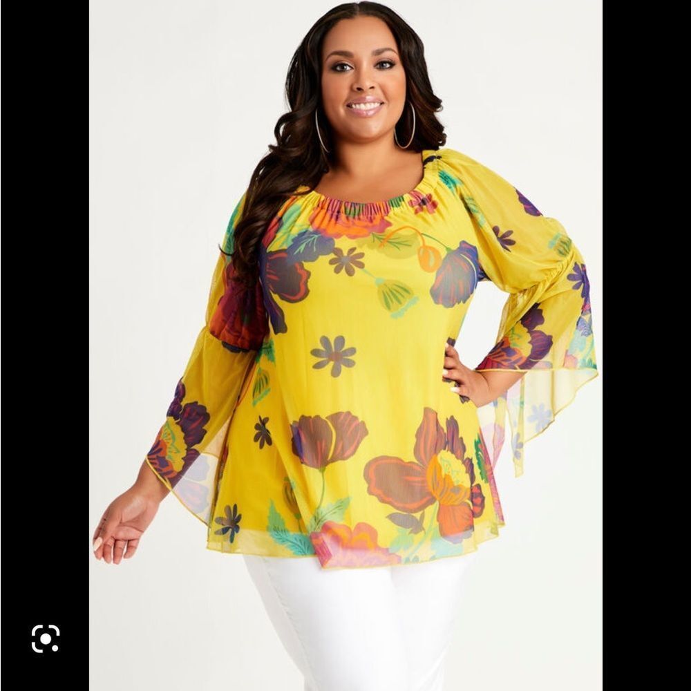 Ashley Stewart Floral Print Bell Sleeve Blouse Top Sz 22/24